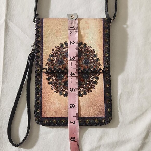 Women's Mandala Print Small Snap Close Vegan Leather Crossbody Cell Phone Bag - Picture 12 of 13